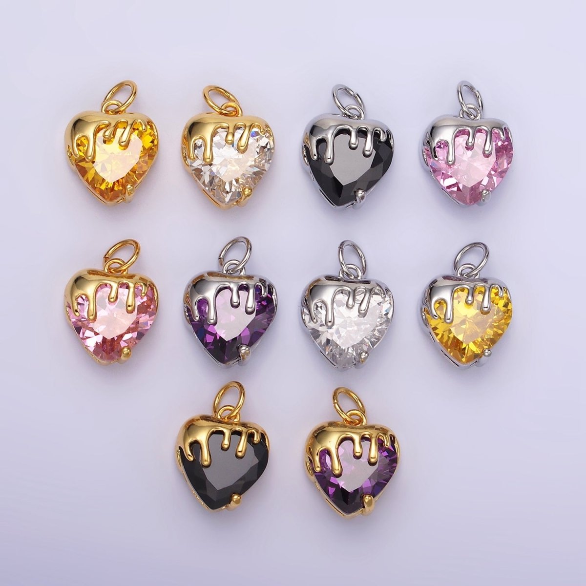 14K Gold Filled Clear, Pink, Purple, Yellow. Black Heart CZ Molten Drip Charm in Gold & Silver | N1537 - N1546 - DLUXCA