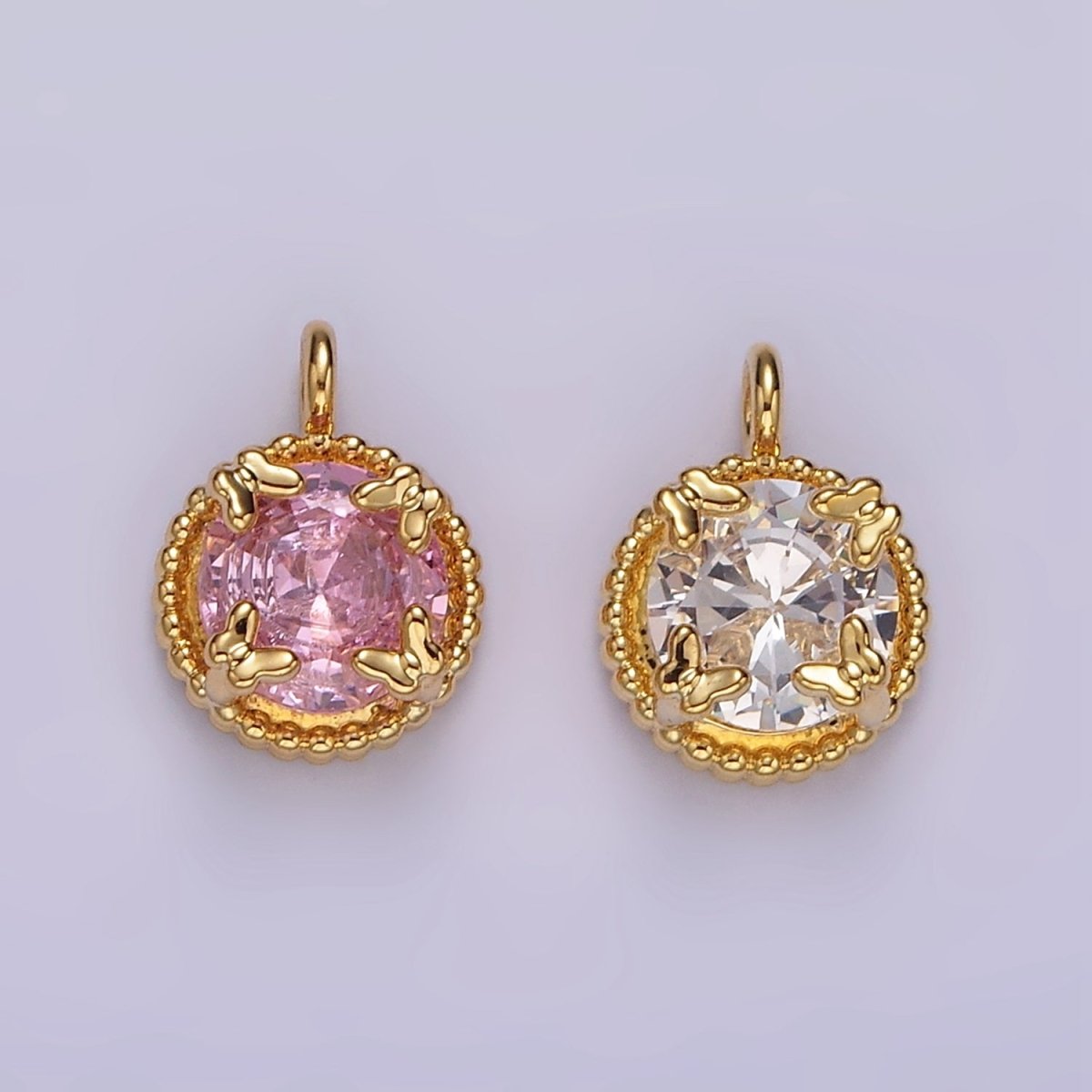 14K Gold Filled Clear, Pink Round CZ Butterfly Dotted Bezel Charm | AG533 AG534 - DLUXCA