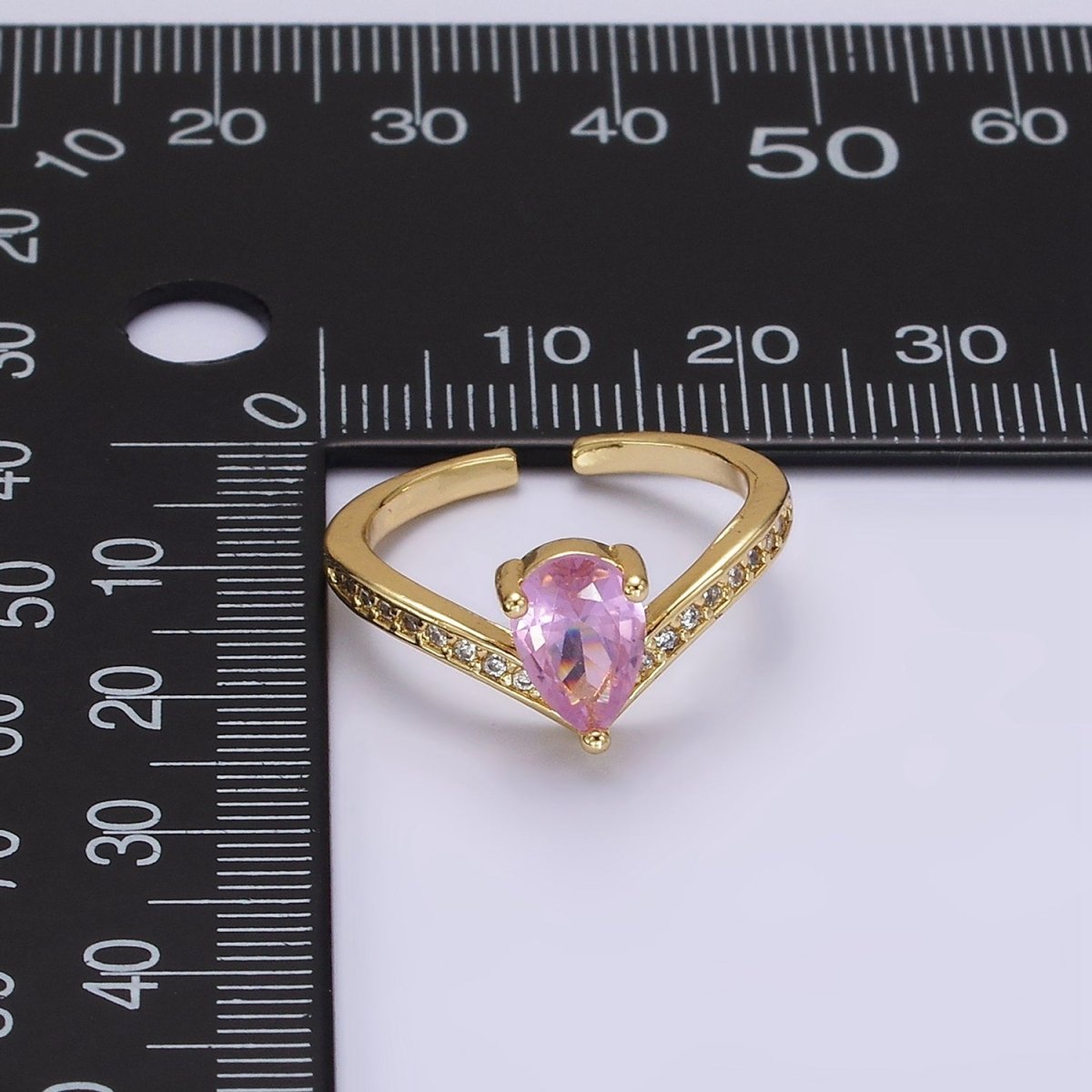 14K Gold Filled Clear, Pink Teardrop CZ Micro Paved Chevron Ring | O1079 O1080 - DLUXCA