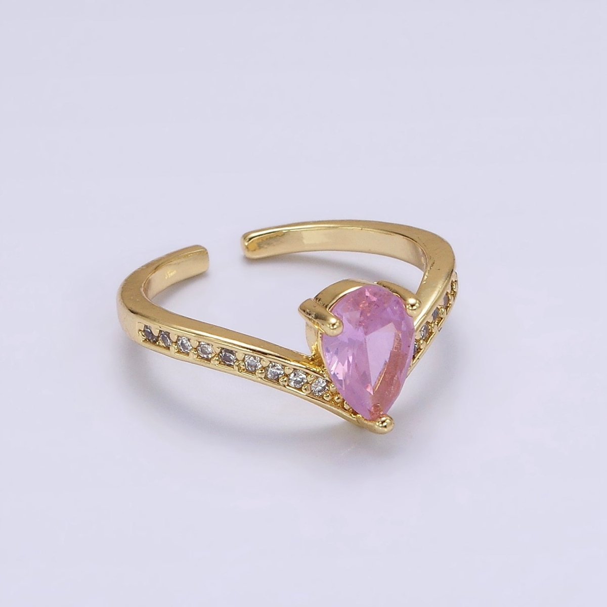14K Gold Filled Clear, Pink Teardrop CZ Micro Paved Chevron Ring | O1079 O1080 - DLUXCA