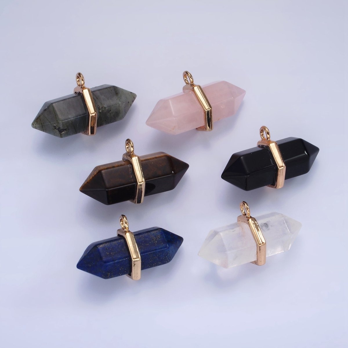 14K Gold Filled Clear Quartz, Lapis Lazuli, Tiger Eye, Rose Quartz, Onyx, Labradorite Pointed Wand Charm | N1678 - N1683 - DLUXCA