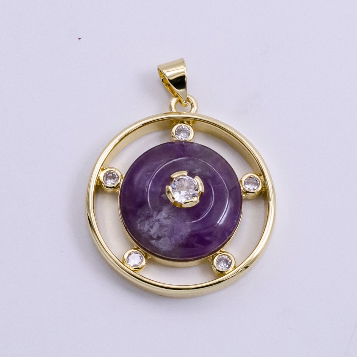 14K Gold Filled Clear Quartz, Rose Quartz, Amethyst Multiple CZ Open Round Pendant | AH055 - AH057 - DLUXCA