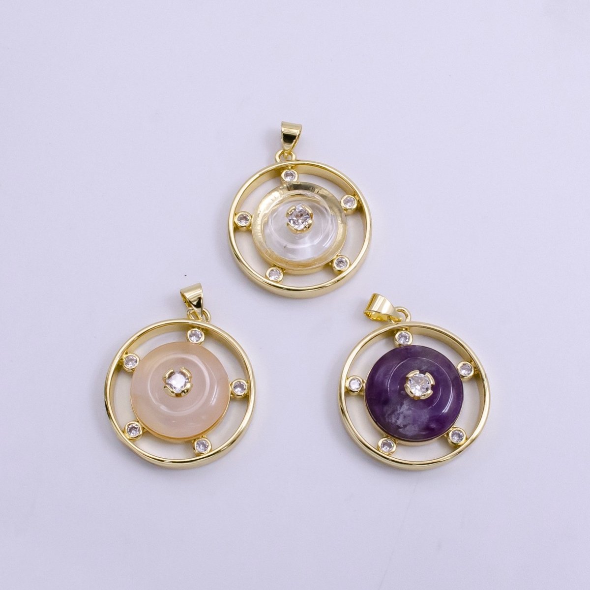 14K Gold Filled Clear Quartz, Rose Quartz, Amethyst Multiple CZ Open Round Pendant | AH055 - AH057 - DLUXCA