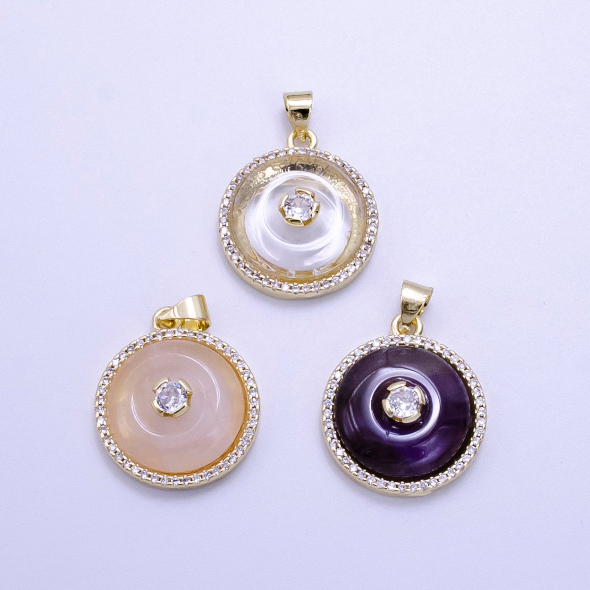 14K Gold Filled Clear Quartz, Rose Quartz, Amethyst Round Micro Paved CZ Pendant | AH058 - AH060 - DLUXCA