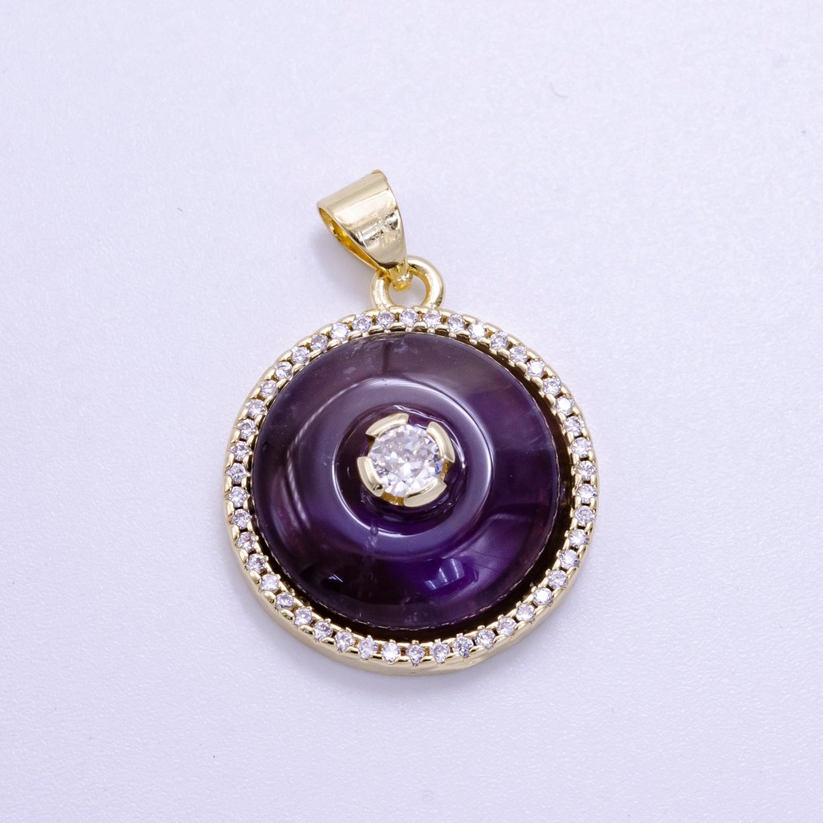 14K Gold Filled Clear Quartz, Rose Quartz, Amethyst Round Micro Paved CZ Pendant | AH058 - AH060 - DLUXCA