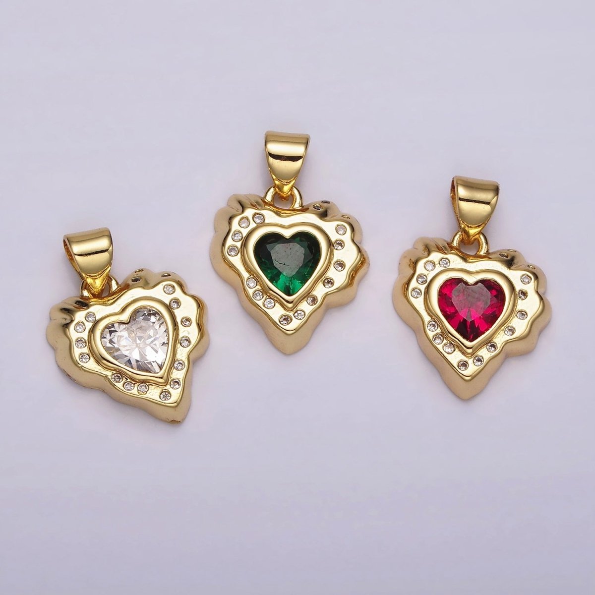 14K Gold Filled Clear, Red, Green CZ Dotted Molten Heart Pendant | AH095 - AH097 - DLUXCA