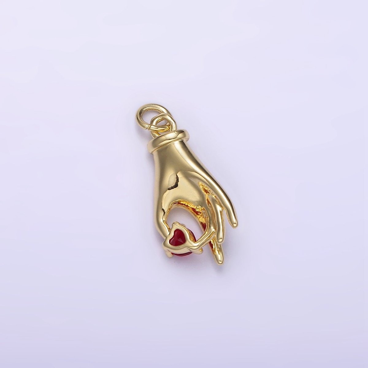 14K Gold Filled Clear, Red Heart Holding Hand Gesture Charm | AG202 AG203 - DLUXCA