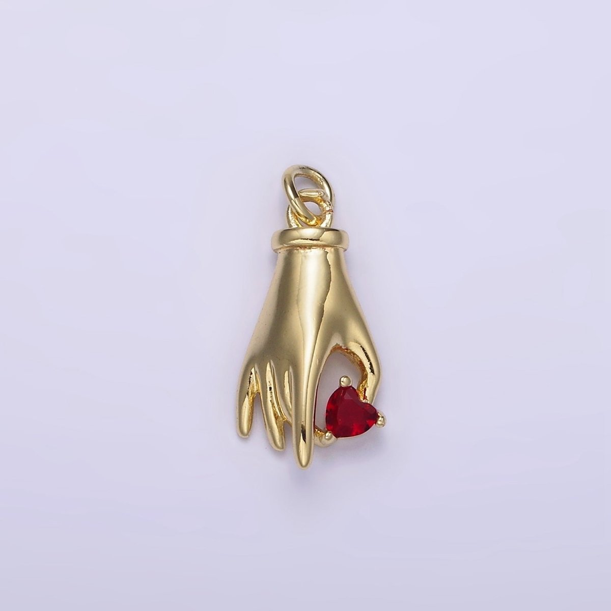 14K Gold Filled Clear, Red Heart Holding Hand Gesture Charm | AG202 AG203 - DLUXCA