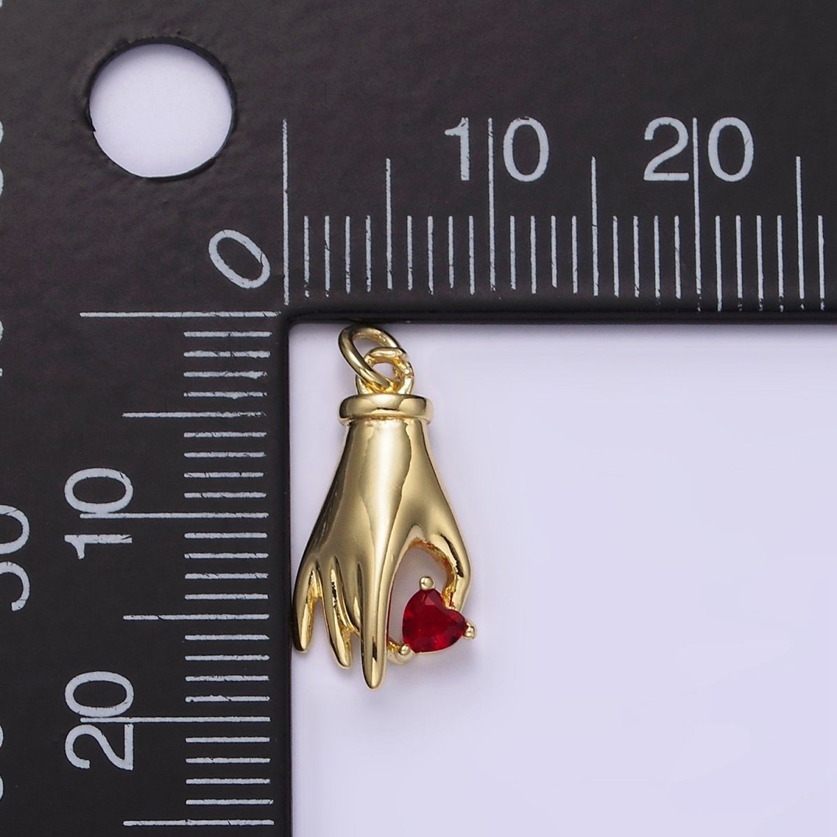 14K Gold Filled Clear, Red Heart Holding Hand Gesture Charm | AG202 AG203 - DLUXCA