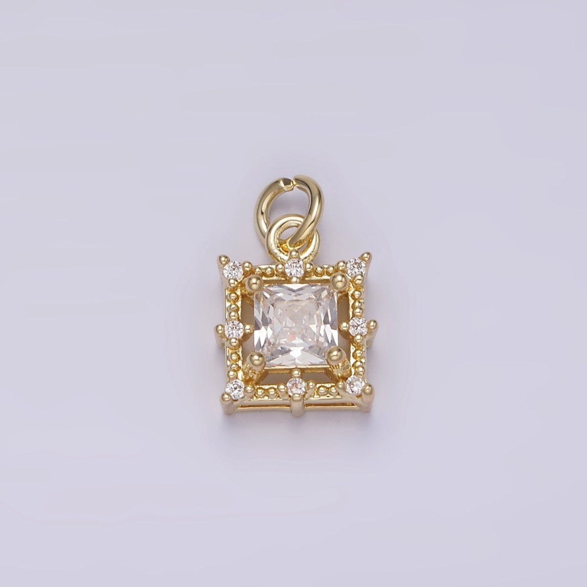 14K Gold Filled Clear Square Baguette CZ Beaded Outline Frame Charm | AG194 - DLUXCA