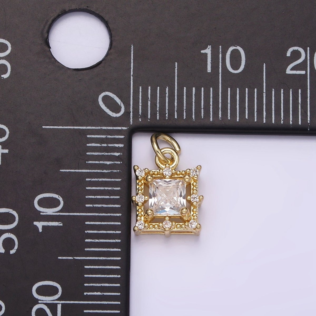 14K Gold Filled Clear Square Baguette CZ Beaded Outline Frame Charm | AG194 - DLUXCA