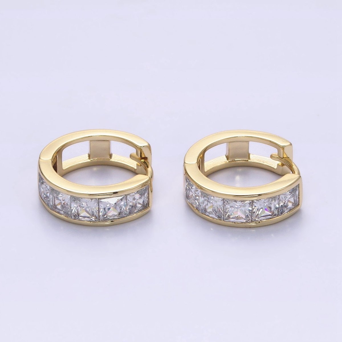 14K Gold Filled Clear Square CZ Lined 15mm Huggie Hoop Earrings in Gold & Silver | Y-898 Y-899 - DLUXCA