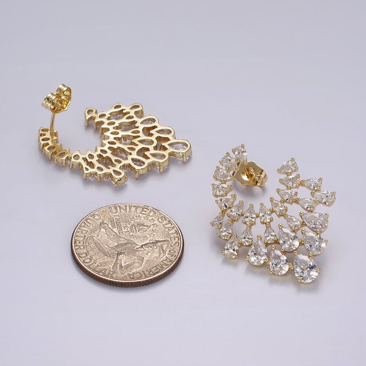 14K Gold Filled Clear Teardrop CZ Circular Drop Stud Earrings Set | AE401 - DLUXCA