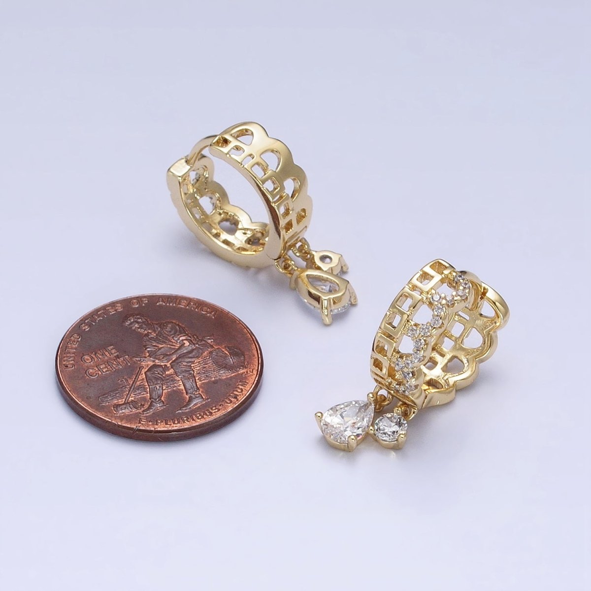 14K Gold Filled Clear Teardrop CZ Double Drop Geometric Boxy Rounded Micro Paved Huggie Earrings | AD1447 - DLUXCA