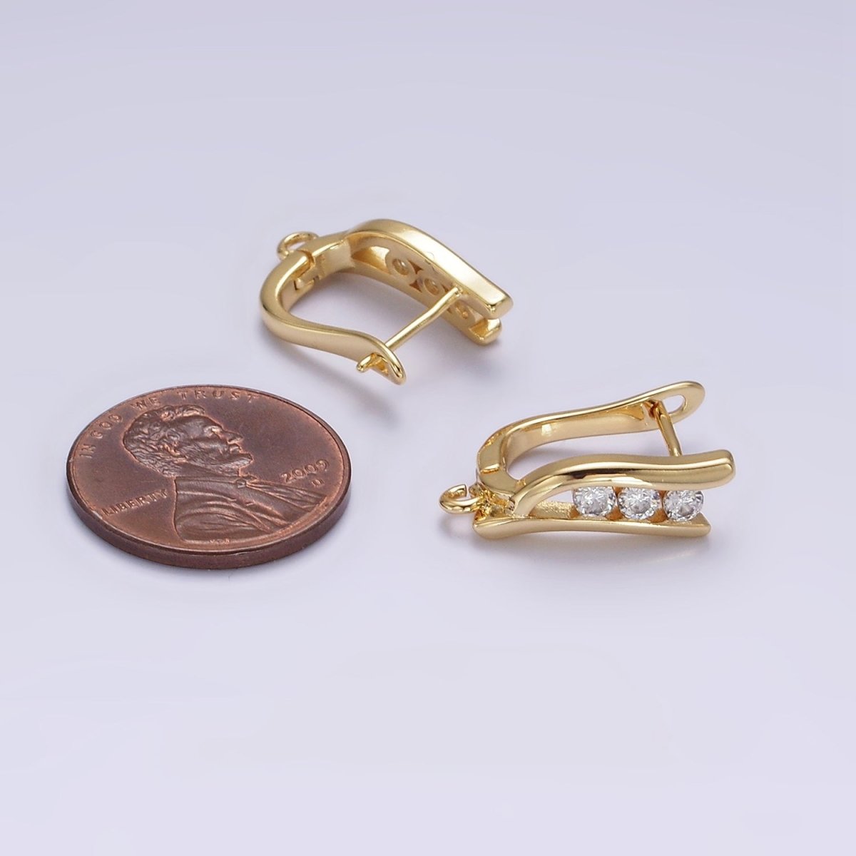 14K Gold Filled Clear Triple CZ Curved Open Loop French Lock Earrings | Z-464 - DLUXCA
