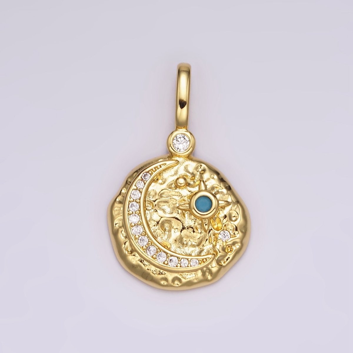 14K Gold Filled Clear, Turquoise Celestial Star Crescent Moon Micro Paved Hammered CZ Pendant | AH109 AH110 - DLUXCA