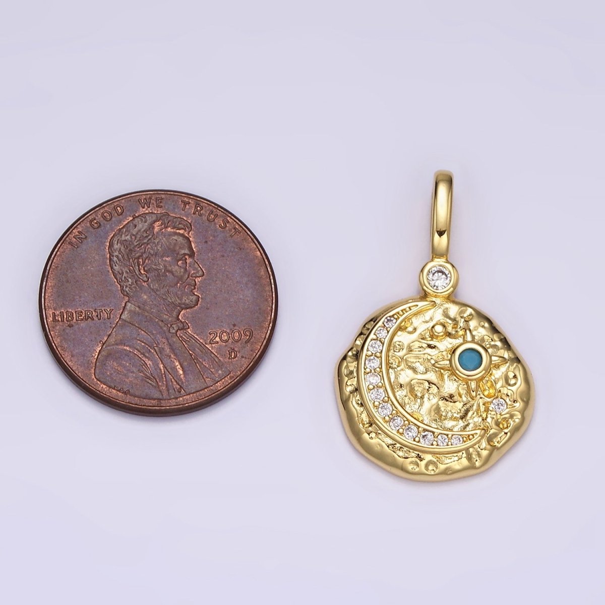 14K Gold Filled Clear, Turquoise Celestial Star Crescent Moon Micro Paved Hammered CZ Pendant | AH109 AH110 - DLUXCA