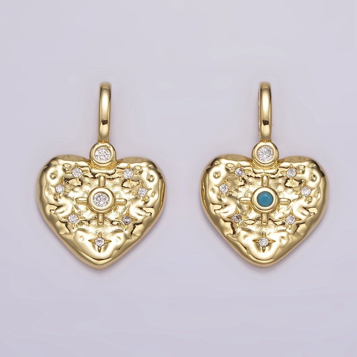 14K Gold Filled Clear, Turquoise Celestial Star Hammered Heart Pendant | AH105 AH106 - DLUXCA