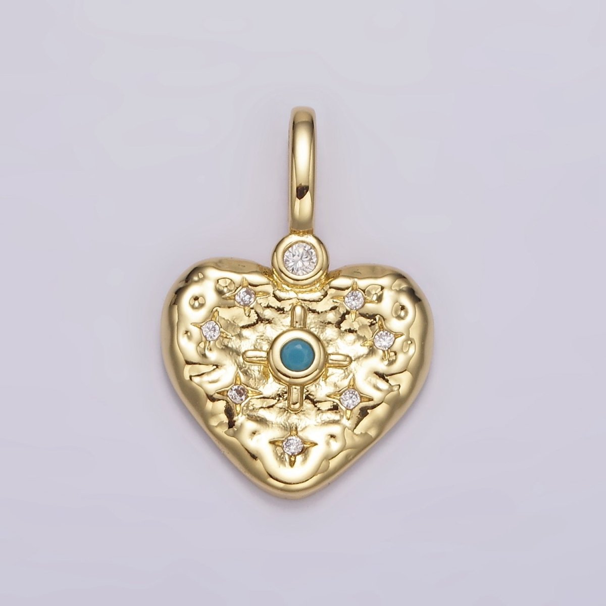 14K Gold Filled Clear, Turquoise Celestial Star Hammered Heart Pendant | AH105 AH106 - DLUXCA