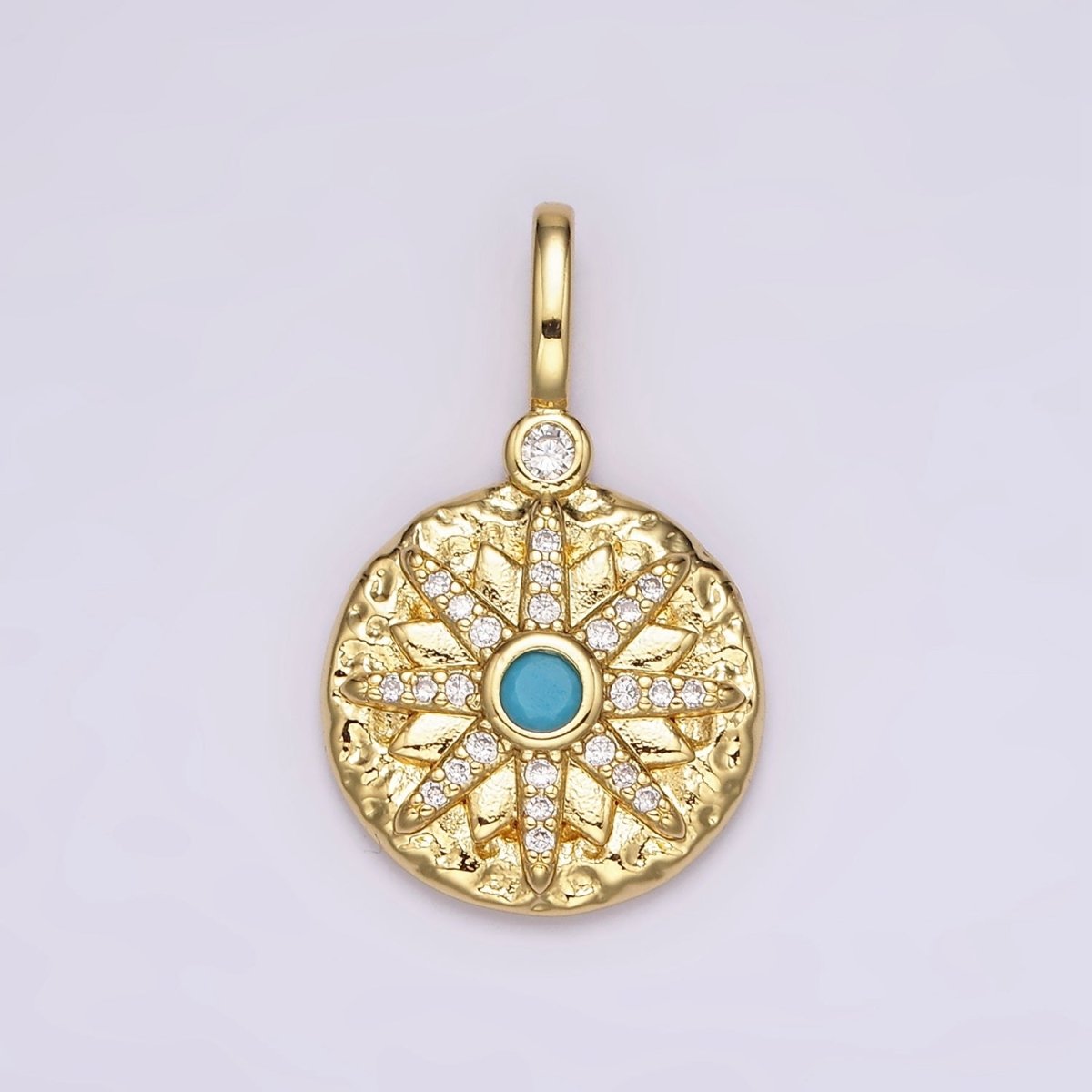 14K Gold Filled Clear, Turquoise Celestial Star Micro Paved Hammered Round Pendant | AH107 AH108 - DLUXCA