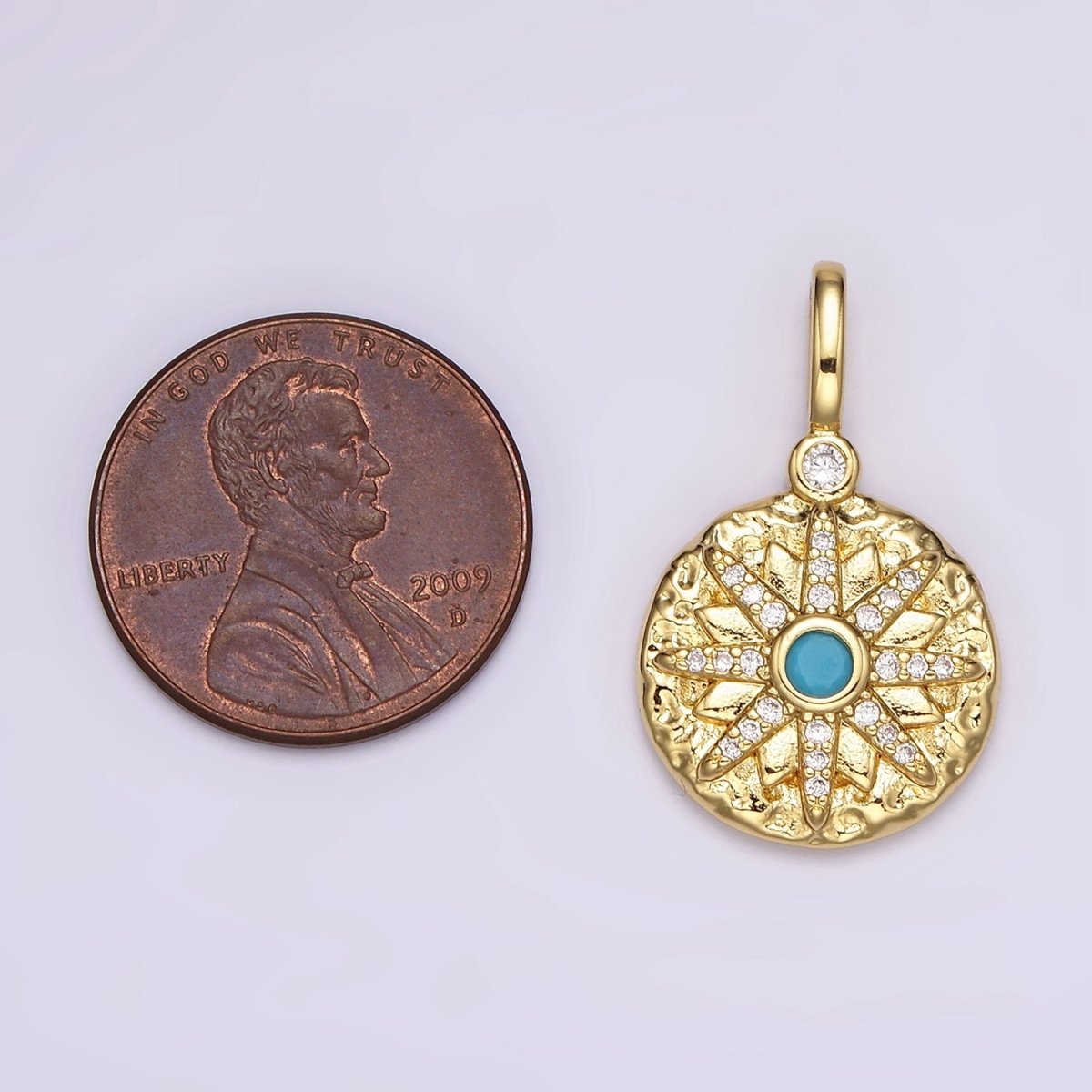 14K Gold Filled Clear, Turquoise Celestial Star Micro Paved Hammered Round Pendant | AH107 AH108 - DLUXCA