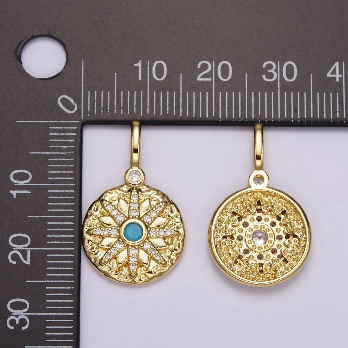 14K Gold Filled Clear, Turquoise Celestial Star Micro Paved Hammered Round Pendant | AH107 AH108 - DLUXCA