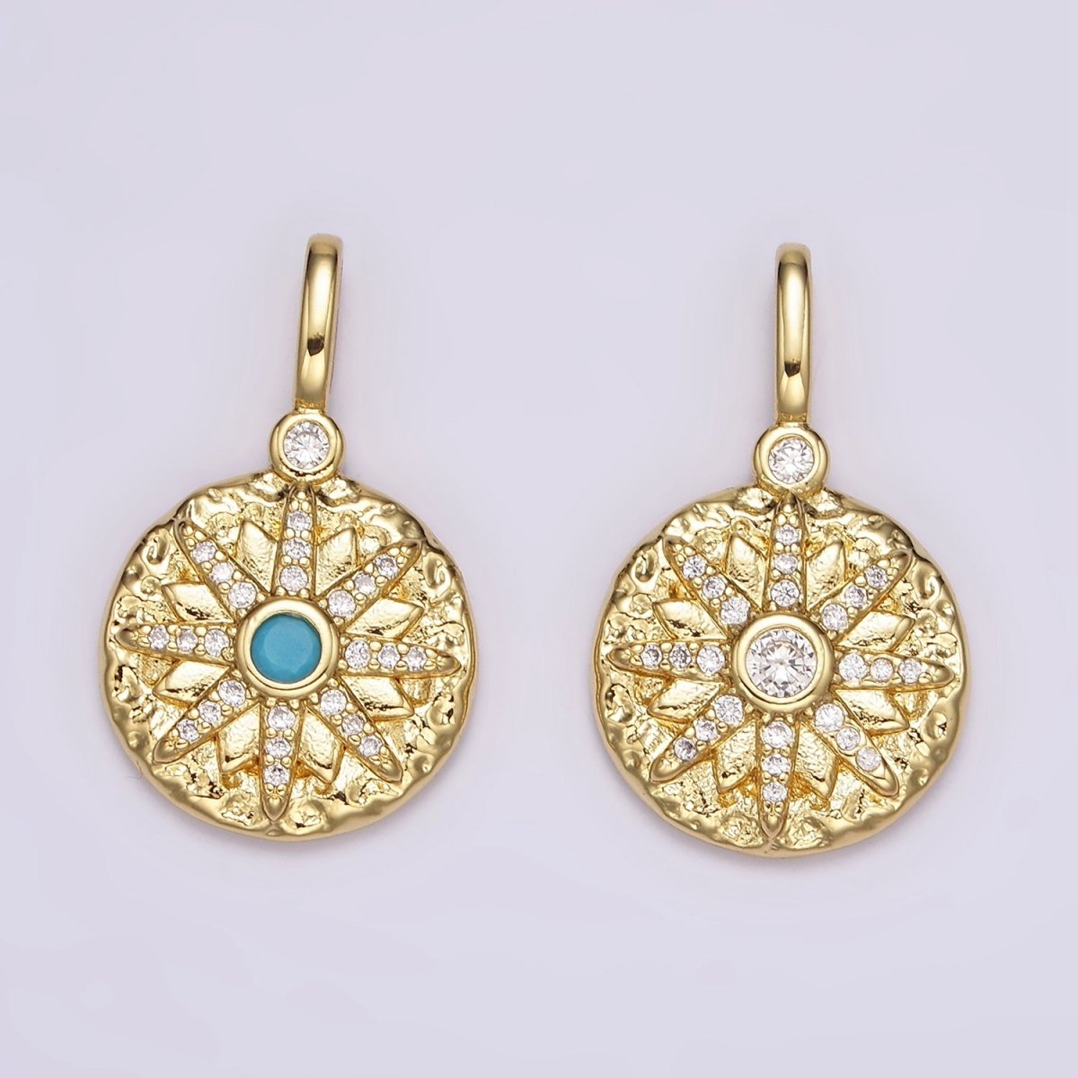 14K Gold Filled Clear, Turquoise Celestial Star Micro Paved Hammered Round Pendant | AH107 AH108 - DLUXCA