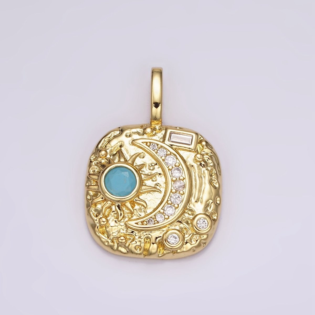 14K Gold Filled Clear, Turquoise Celestial Sun Crescent Moon Hammered Square Pendant | AH093 AH094 - DLUXCA