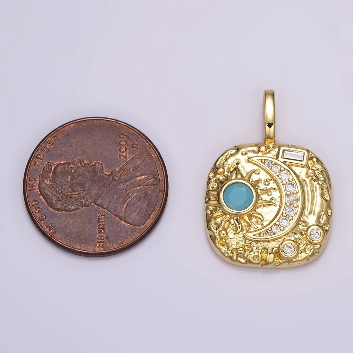 14K Gold Filled Clear, Turquoise Celestial Sun Crescent Moon Hammered Square Pendant | AH093 AH094 - DLUXCA