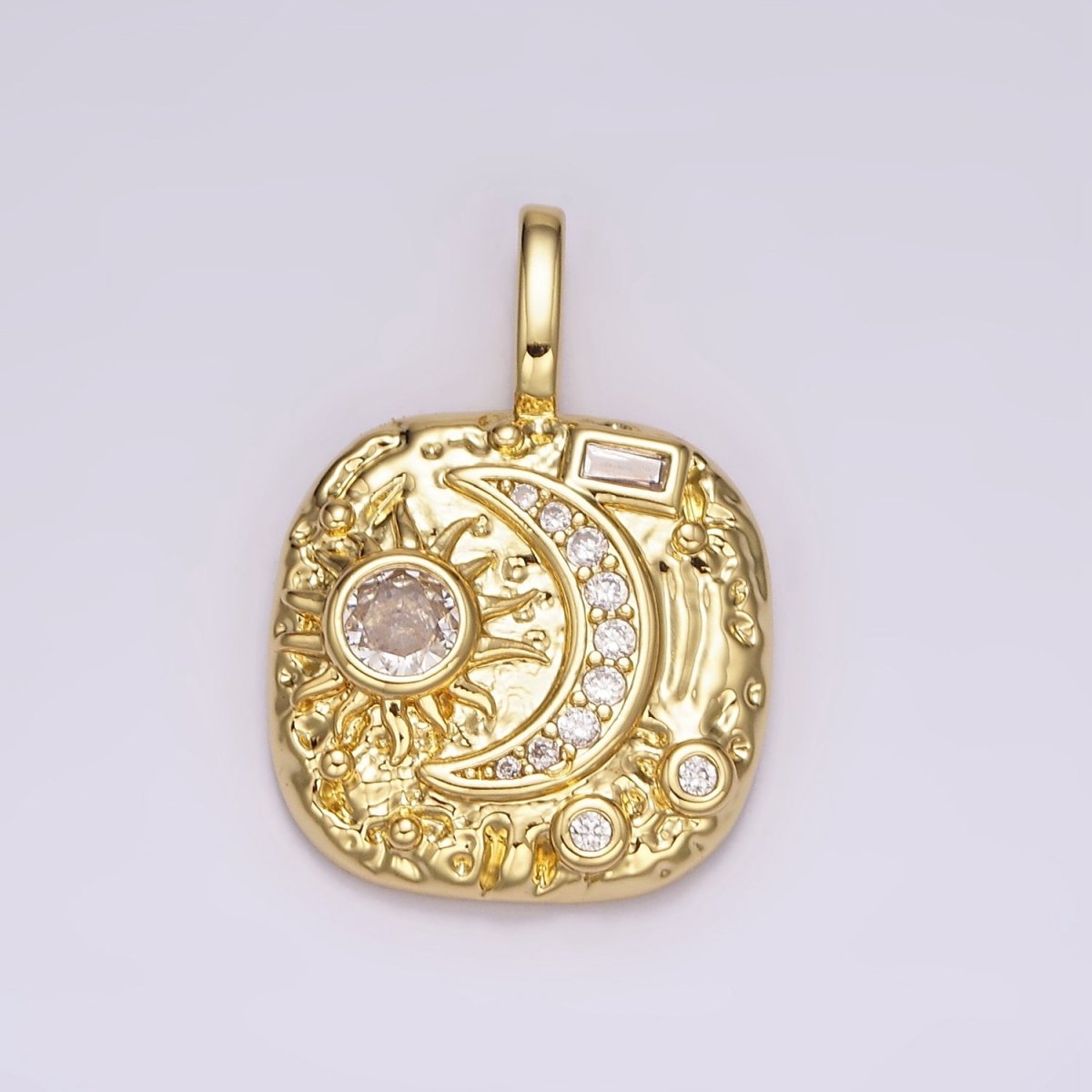 14K Gold Filled Clear, Turquoise Celestial Sun Crescent Moon Hammered Square Pendant | AH093 AH094 - DLUXCA