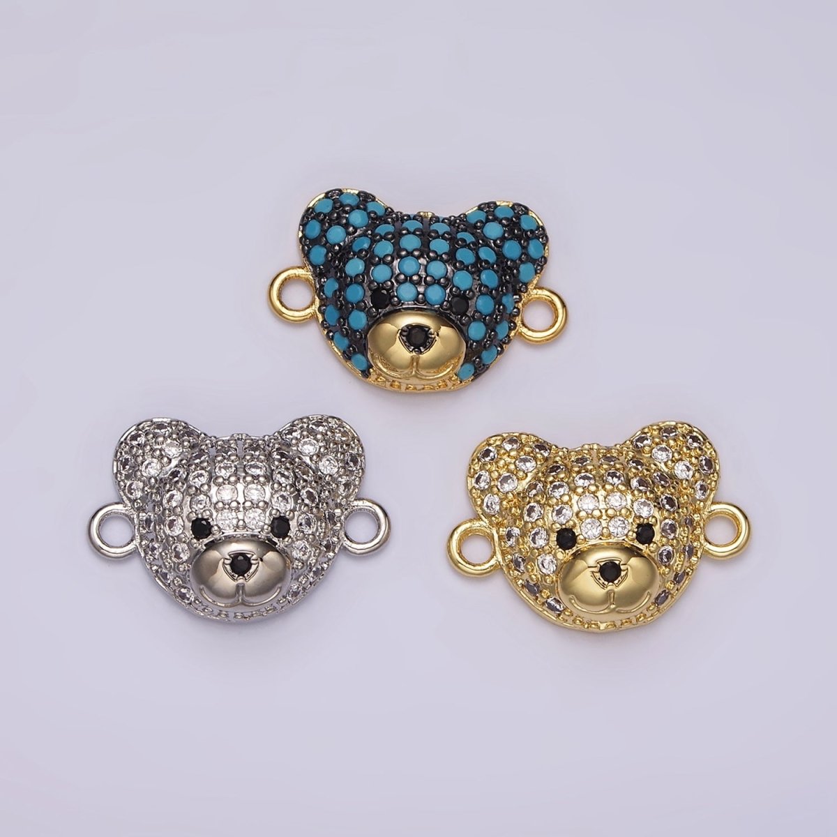 14K Gold Filled Clear, Turquoise Micro Paved CZ Teddy Bear Animal Connector in Gold & Silver | G257 - G258 - DLUXCA