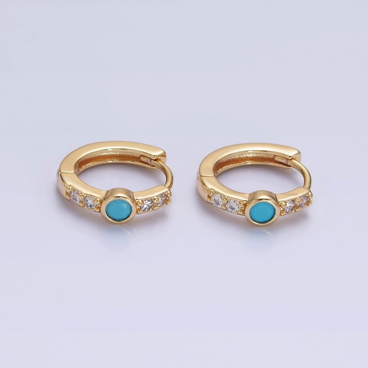 14K Gold Filled Clear, Turquoise Round Micro Paved CZ 13mm Cartilage Huggie Earrings in Gold & Silver | AB904 AB907 AB648 AE774 - DLUXCA