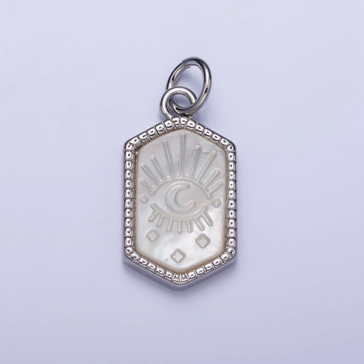 14K Gold Filled Crescent Moon Evil Eye Mother of Pearl Long Hexagonal Charm in Gold & Silver | AC972 AC1023 - DLUXCA