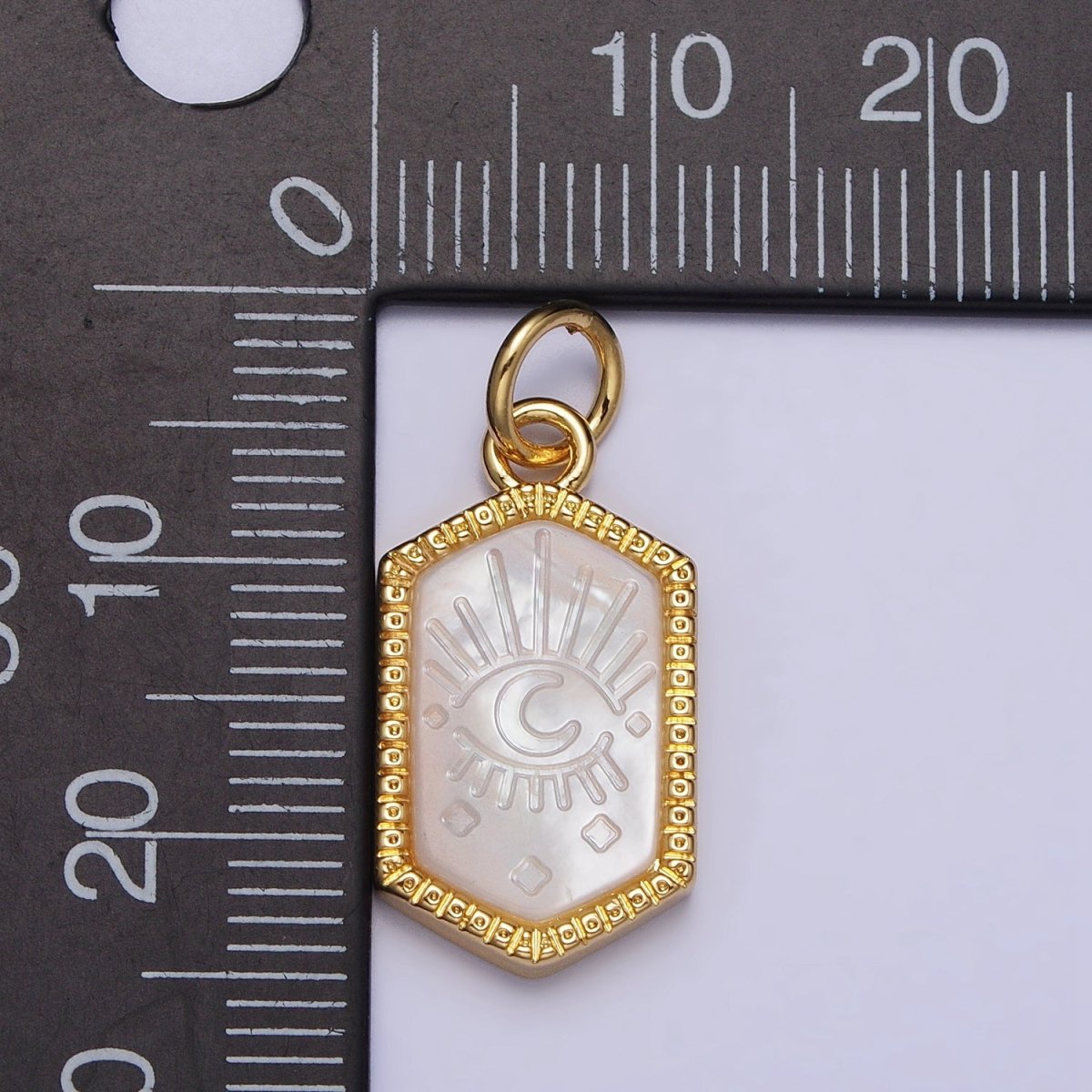 14K Gold Filled Crescent Moon Evil Eye Mother of Pearl Long Hexagonal Charm in Gold & Silver | AC972 AC1023 - DLUXCA