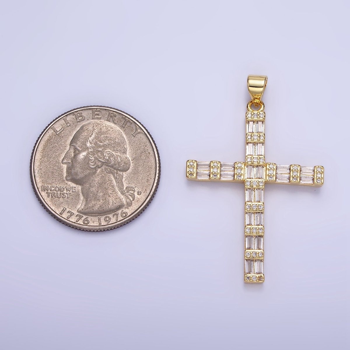 14k Gold Filled Cross Charm with Clear Baguette Stone for Religious Charm | AA1188 - DLUXCA