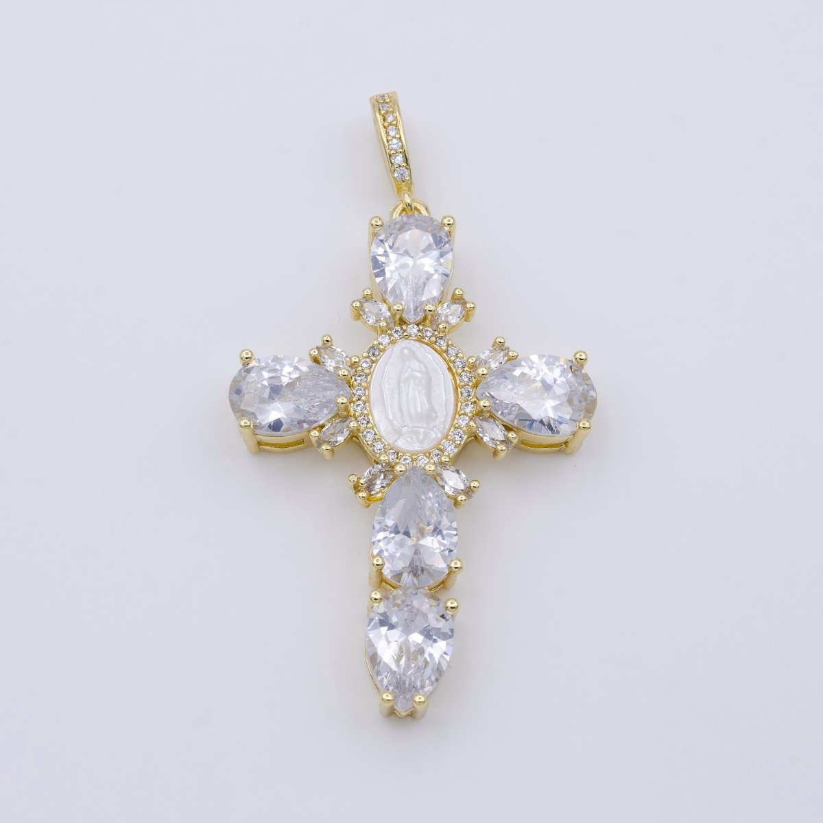 14K Gold Filled Cross Teardrop CZ Mother of Pearl Lady Guadalupe Mary Statement Pendant | AA-757 - DLUXCA