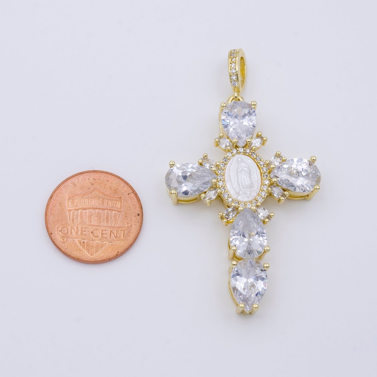 14K Gold Filled Cross Teardrop CZ Mother of Pearl Lady Guadalupe Mary Statement Pendant | AA-757 - DLUXCA