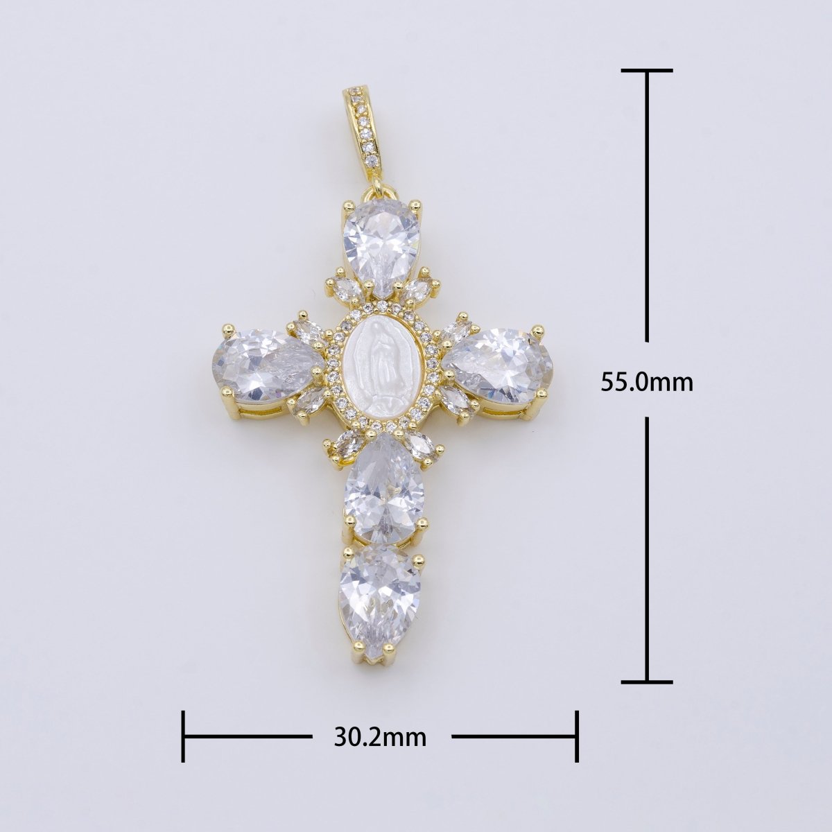 14K Gold Filled Cross Teardrop CZ Mother of Pearl Lady Guadalupe Mary Statement Pendant | AA-757 - DLUXCA