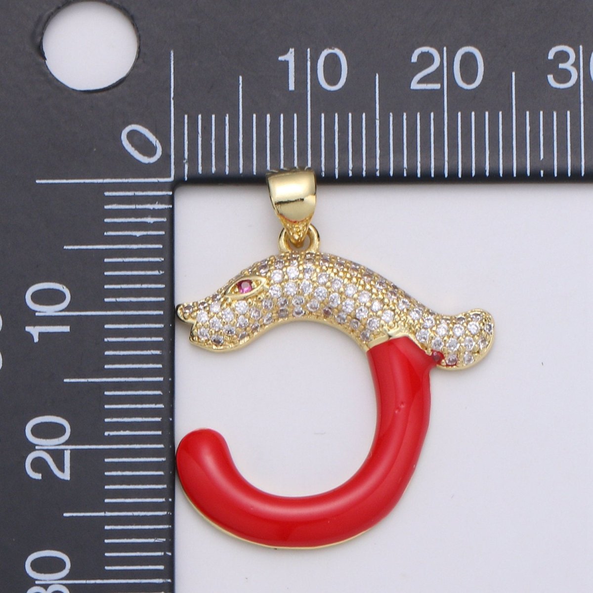 14k Gold Filled Cubic Red Eye Snake Pendant, CZ Cluster Pendant, Lucky Charm, Red Enamel Hook CZ Pave Pendant J-053 - DLUXCA