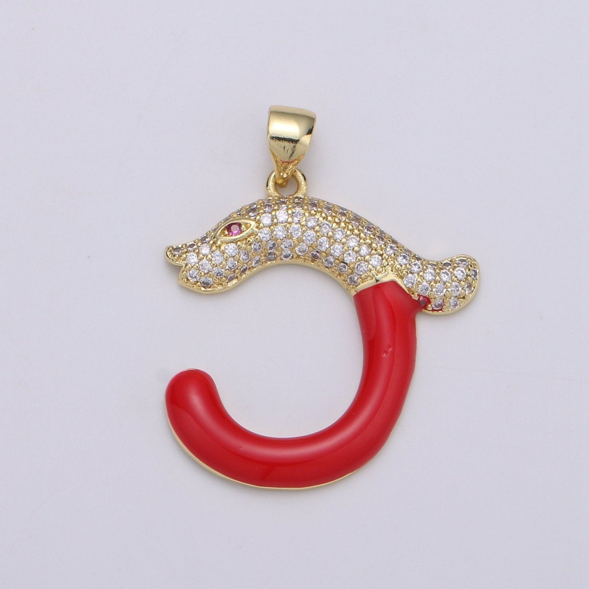 14k Gold Filled Cubic Red Eye Snake Pendant, CZ Cluster Pendant, Lucky Charm, Red Enamel Hook CZ Pave Pendant J-053 - DLUXCA