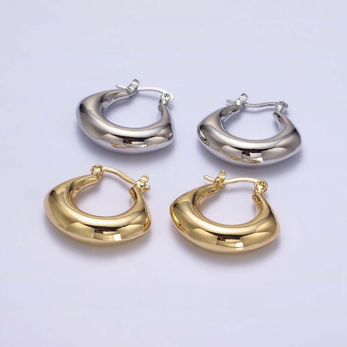 14K Gold Filled Curved Chubby French Lock Latch Hoop Earrings in Gold & Silver | AE856 AE857 - DLUXCA