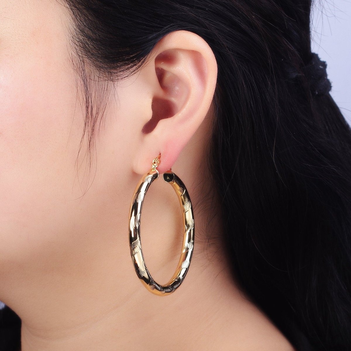 14K Gold Filled Curved Line-Textured 55mm, 45mm, 40mm French Lock Latch Hoop Earrings | AE043 - AE045 - DLUXCA