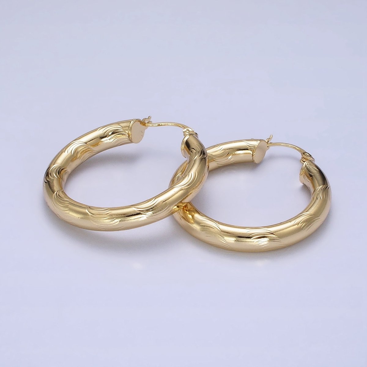 14K Gold Filled Curved Line-Textured 55mm, 45mm, 40mm French Lock Latch Hoop Earrings | AE043 - AE045 - DLUXCA