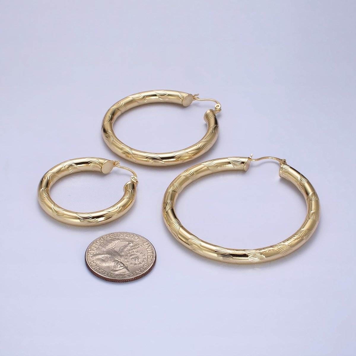 14K Gold Filled Curved Line-Textured 55mm, 45mm, 40mm French Lock Latch Hoop Earrings | AE043 - AE045 - DLUXCA