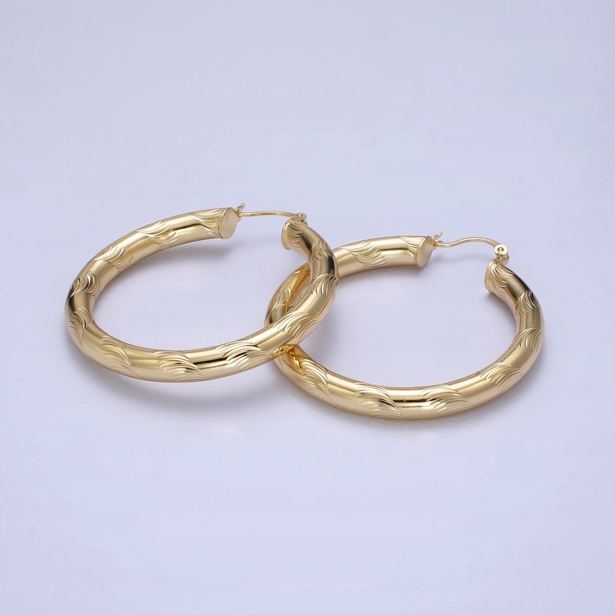 14K Gold Filled Curved Line-Textured 55mm, 45mm, 40mm French Lock Latch Hoop Earrings | AE043 - AE045 - DLUXCA