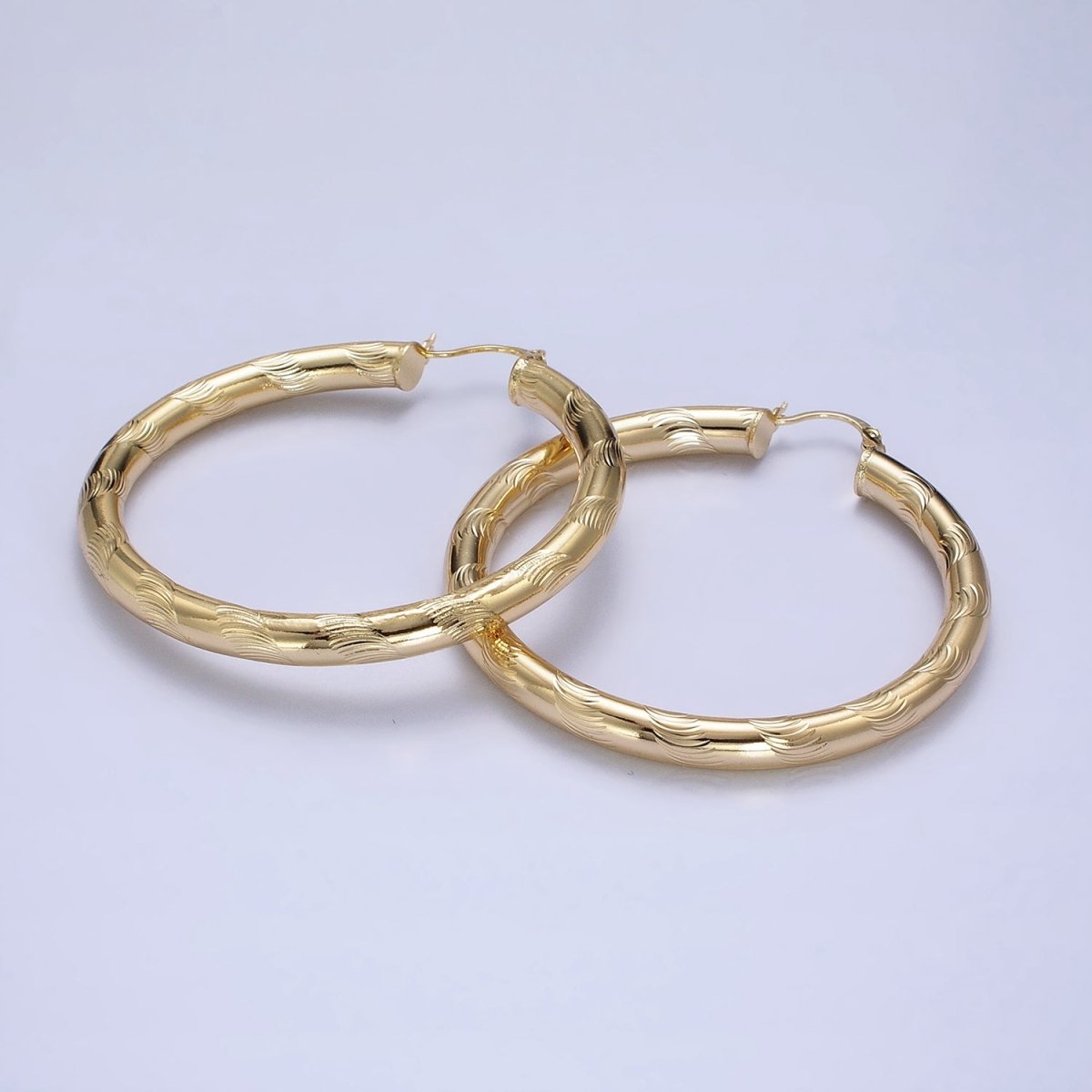 14K Gold Filled Curved Line-Textured 55mm, 45mm, 40mm French Lock Latch Hoop Earrings | AE043 - AE045 - DLUXCA