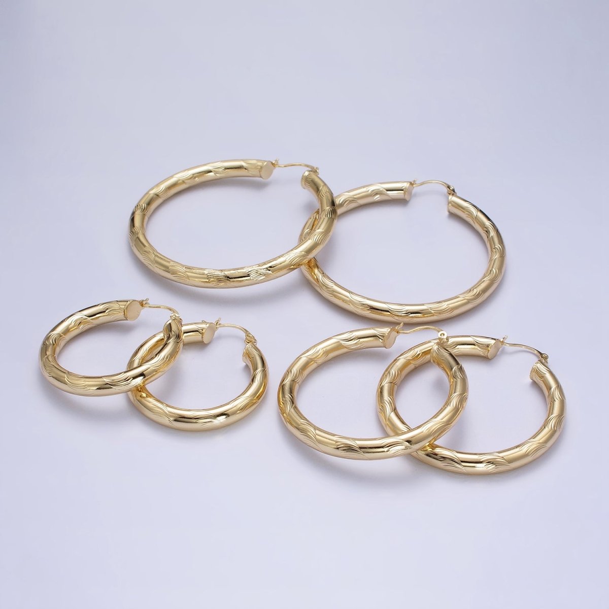 14K Gold Filled Curved Line-Textured 55mm, 45mm, 40mm French Lock Latch Hoop Earrings | AE043 - AE045 - DLUXCA
