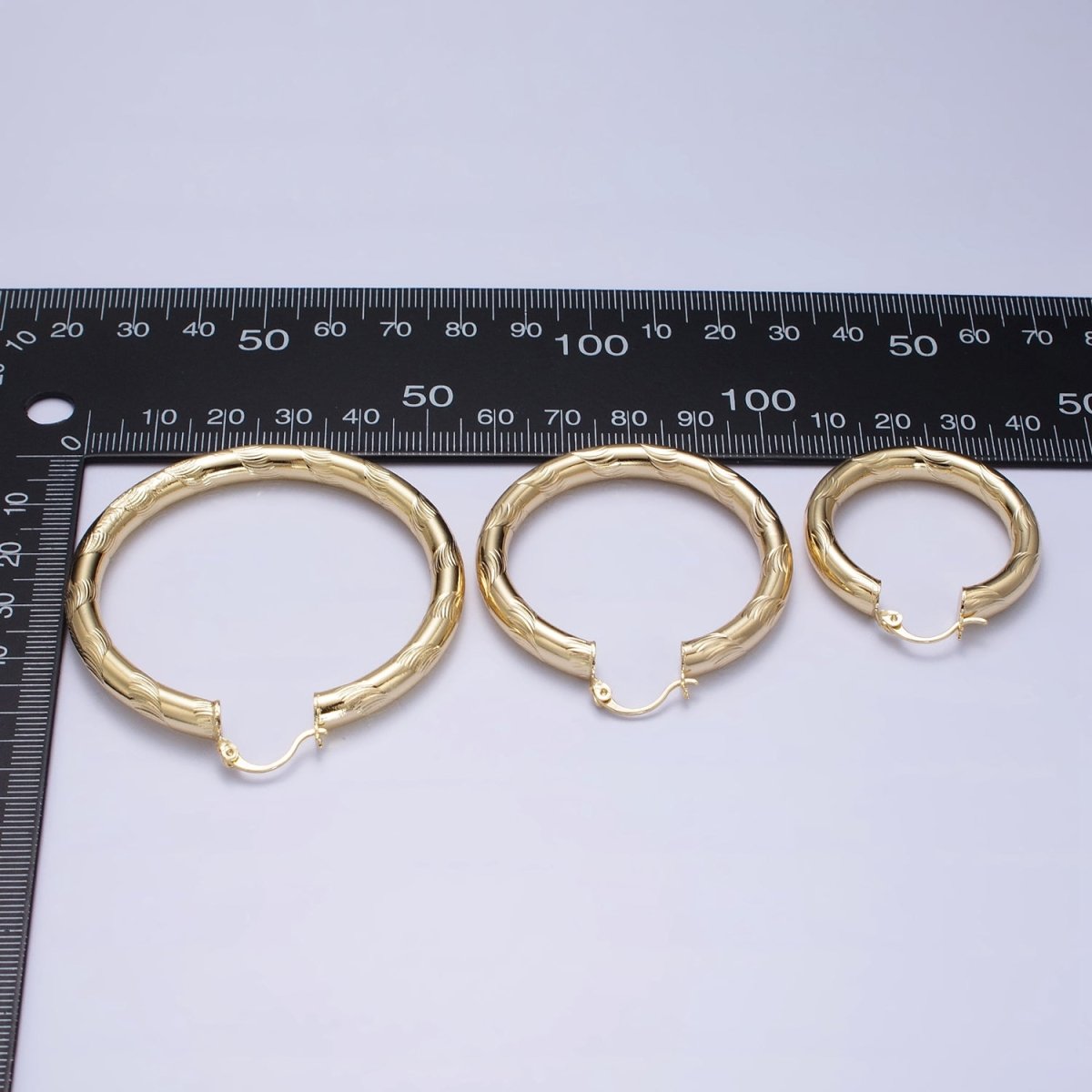 14K Gold Filled Curved Line-Textured 55mm, 45mm, 40mm French Lock Latch Hoop Earrings | AE043 - AE045 - DLUXCA