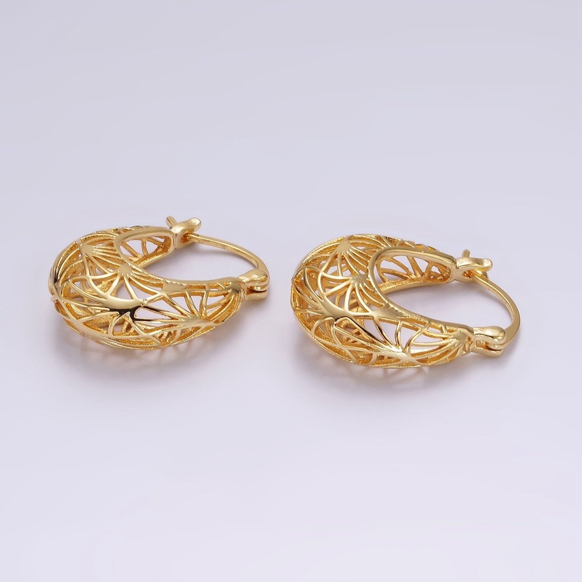 14K Gold Filled Curved Sunburst Filigree Open Dome French Lock Latch Hoop Earrings | AE219 AE212 - DLUXCA