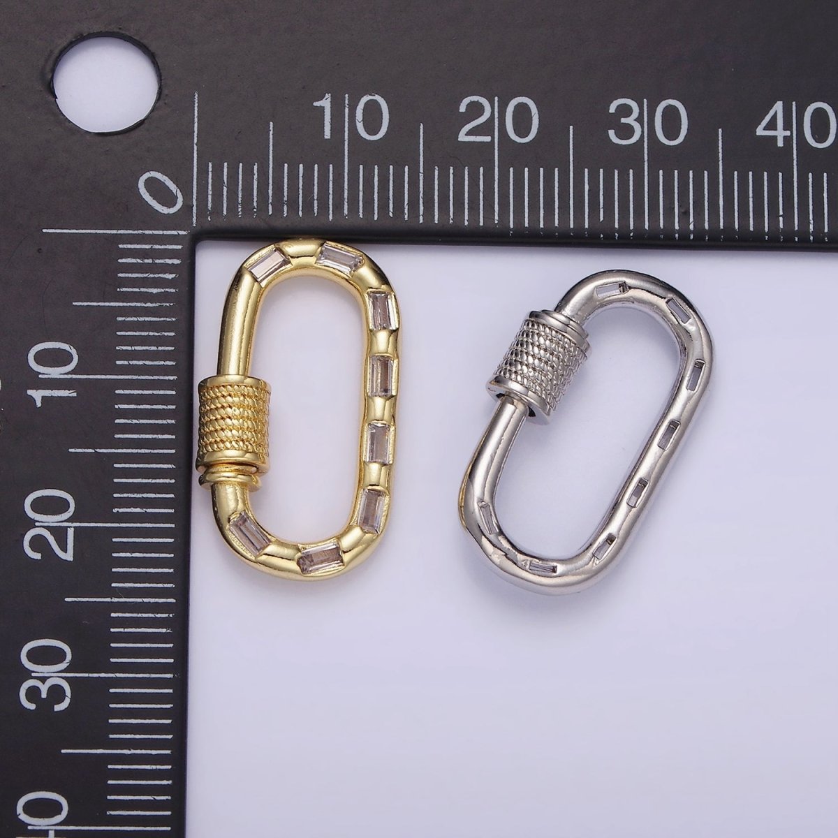 14K Gold Filled CZ Baguette Lined Oblong Carabiner Lock Finding Supply in Gold & Silver | Z450 - DLUXCA